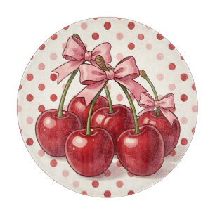 Sweet Red Cherries Pink Bows Retro Polka Dot  Cutting Board