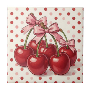 Sweet Red Cherries Pink Bows Retro Polka Dot Tile