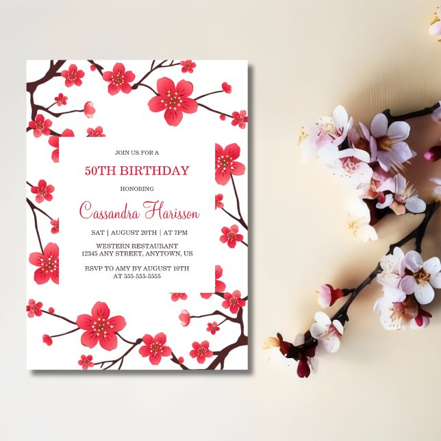 Sweet Red Cherry Blossom Sakura Floral Birthday Invitation (Creator Uploaded)