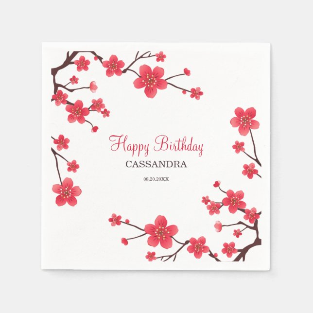 Sweet Red Cherry Blossom Sakura Floral Birthday Napkin (Front)