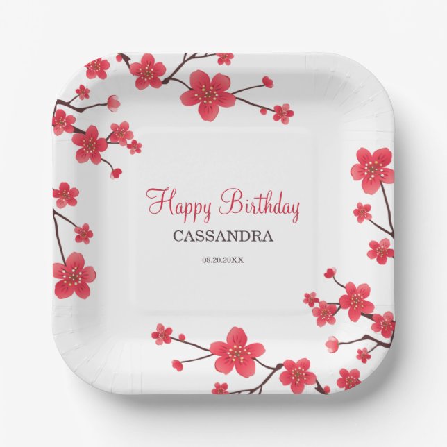 Sweet Red Cherry Blossom Sakura Floral Birthday Paper Plate (Front)