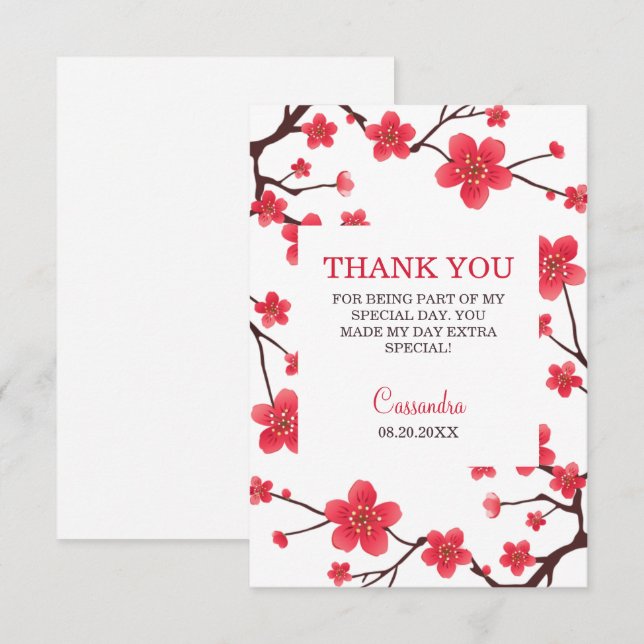 Sweet Red Cherry Blossom Sakura Floral Birthday Thank You Card (Front/Back)