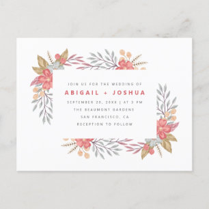 Sweet Red Flowers & Foliage Frame Wedding Invitation Postcard