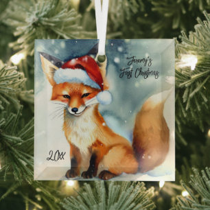 Sweet Red Fox in Snow First Christmas Glass Tree Decoration
