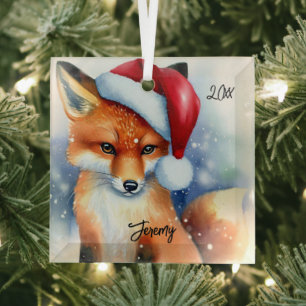 Sweet Red Fox in Snow Glass Tree Decoration