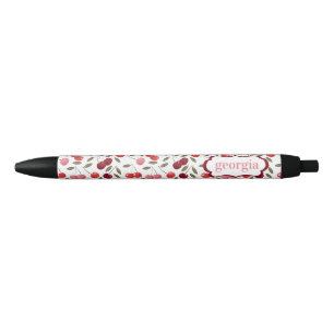 Sweet Red Pink Cherry Pattern   Monogram Black Ink Pen