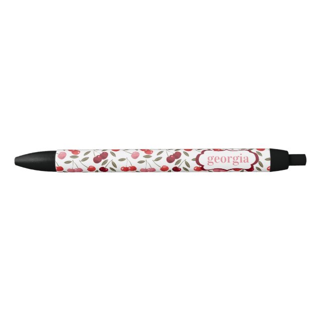 Sweet Red Pink Cherry Pattern | Monogram Black Ink Pen (Front)