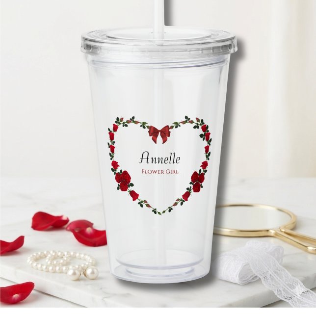 Sweet Red Roses Flower Girl Gift Acrylic Tumbler (Sweet Personalized Flower Girl Tumbler featuring a Romantic Red Rose Heart Design)