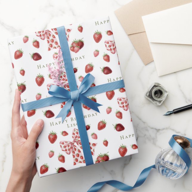 Sweet Red Strawberry Pink Bow Cute Birthday Wrapping Paper (Gifting)