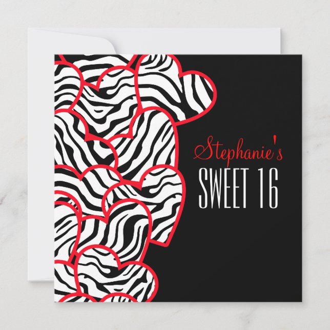 Sweet red zebra hearts Sweet 16 Party Invitation (Front)