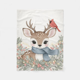 Sweet Reindeer & Cardinal Watercolor Christmas Art Fleece Blanket