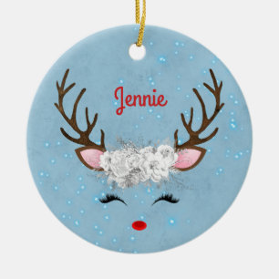Sweet Reindeer Eyelashes and Antlers with Flowers Ceramic Tree Decoration