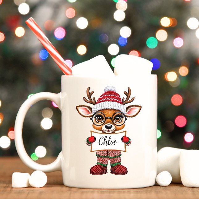 Sweet Reindeer in Christmas Pyjamas Cocoa Mug (Cute reindeer Christmas mug with custom name sign. )