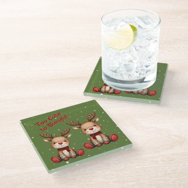 Sweet Reindeer Pair in Holiday Snowfall Glass Coaster (Angled)