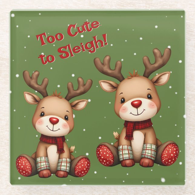 Sweet Reindeer Pair in Holiday Snowfall Glass Coaster (Front)