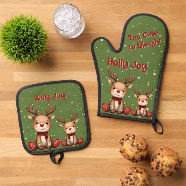Sweet Reindeer Pair in Holiday Snowfall Oven Mitt & Pot Holder Set (Top Down)