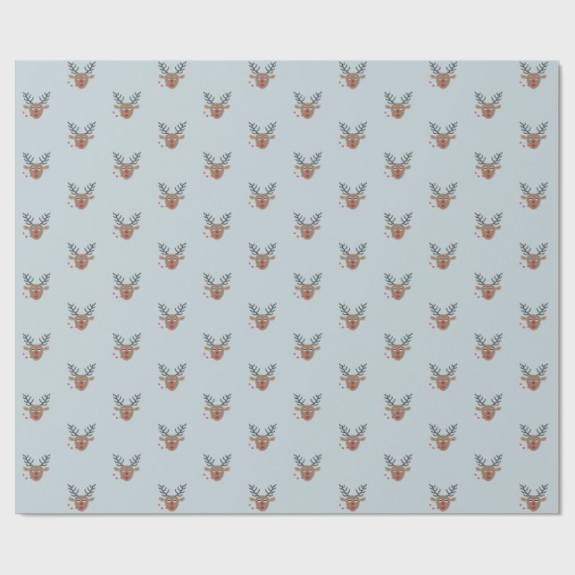 Sweet Reindeer Pattern Joyful Dusty Blue Christmas Wrapping Paper (Flat)