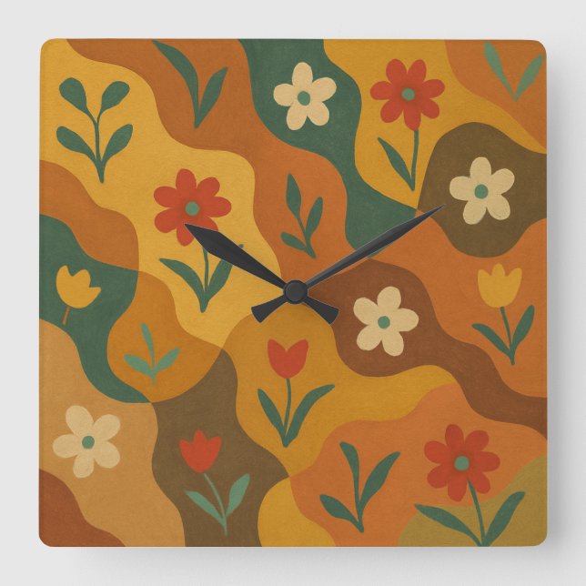 Sweet Retro Country Garden Pattern Square Wall Clock (Front)