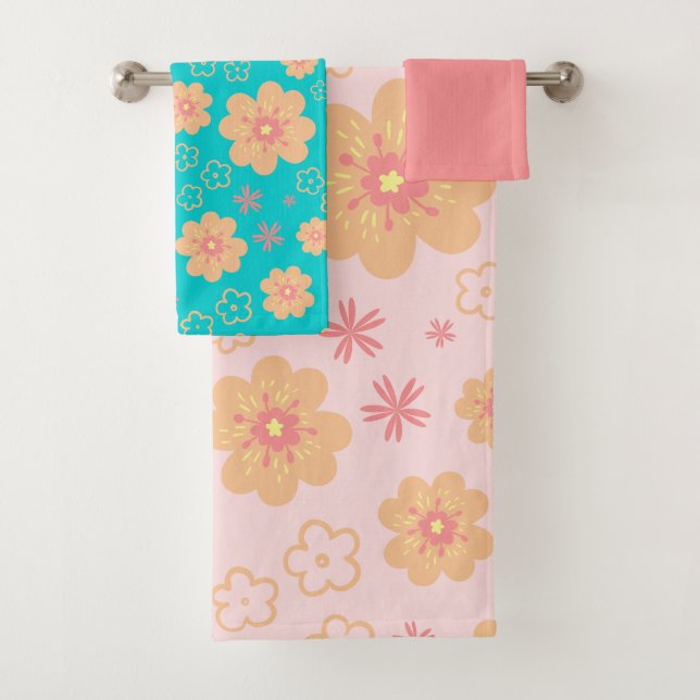 Sweet Retro Flower Pattern and Pink Bath Towel Set (Insitu)
