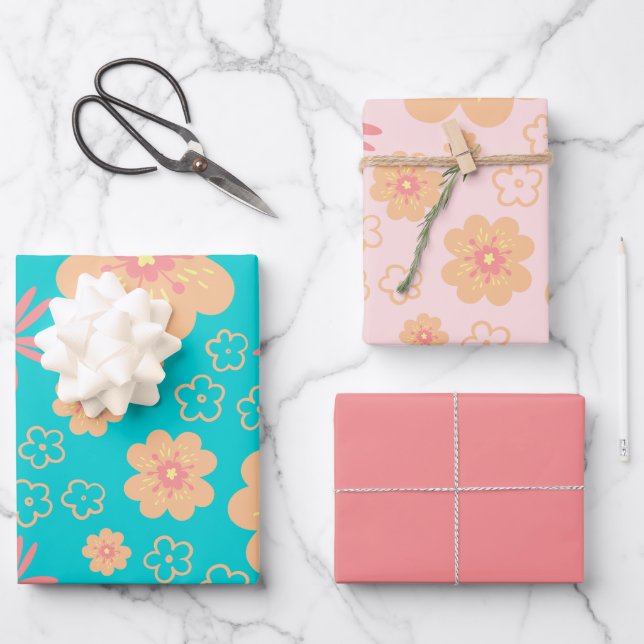 Sweet Retro Flower Pattern and Pink Wrapping Paper Sheet (Front)
