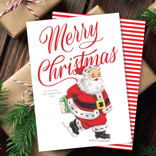 Sweet Retro Ice Skating Santa Non-Photo Christmas Holiday Card (Creator Uploaded)