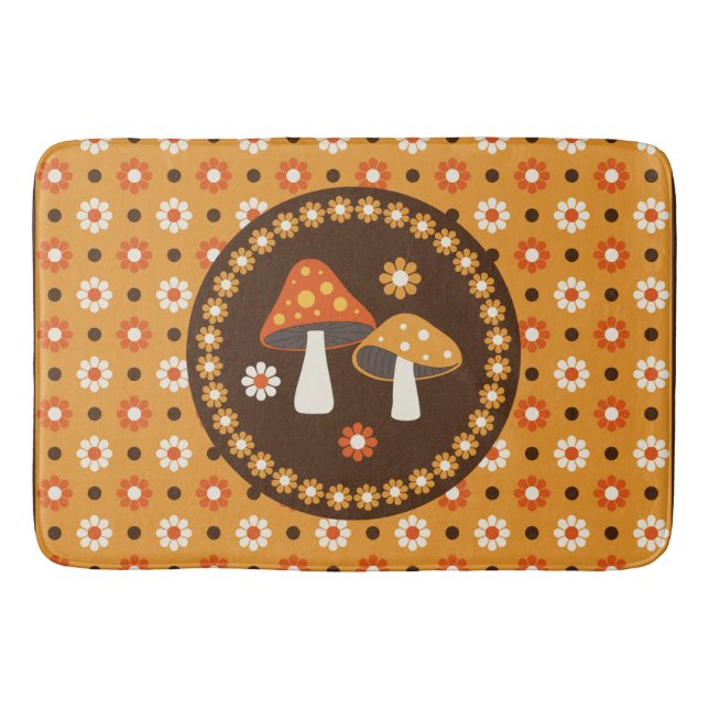Sweet Retro Mushrooms and Flowers  Bath Mat (Front)