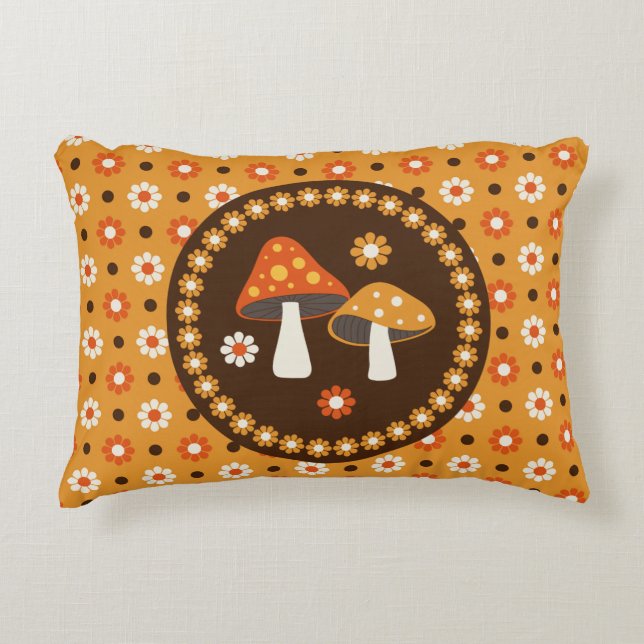 Sweet Retro Mushrooms and Flowers  Decorative Cushion (Front)