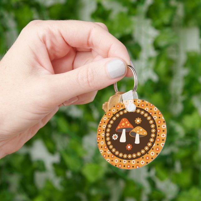 Sweet Retro Mushrooms and Flowers  Key Ring (Hand)