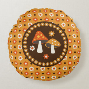 Sweet Retro Mushrooms and Flowers  Round Cushion