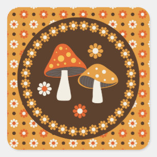 Sweet Retro Mushrooms and Flowers  Square Sticker