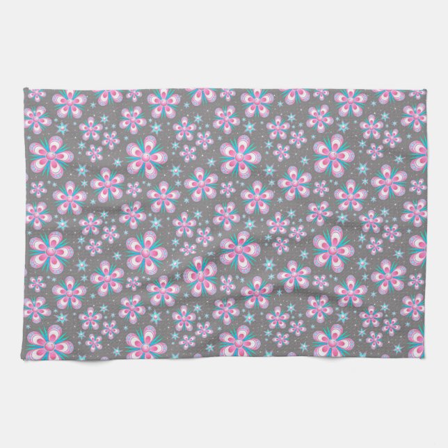 Sweet Romantic  Abstract Pink Flowers Pattern Tea Towel (Horizontal)