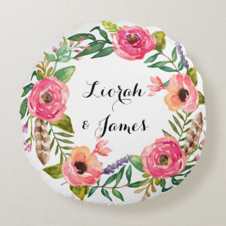 Sweet romantic watercolor flower round cushion