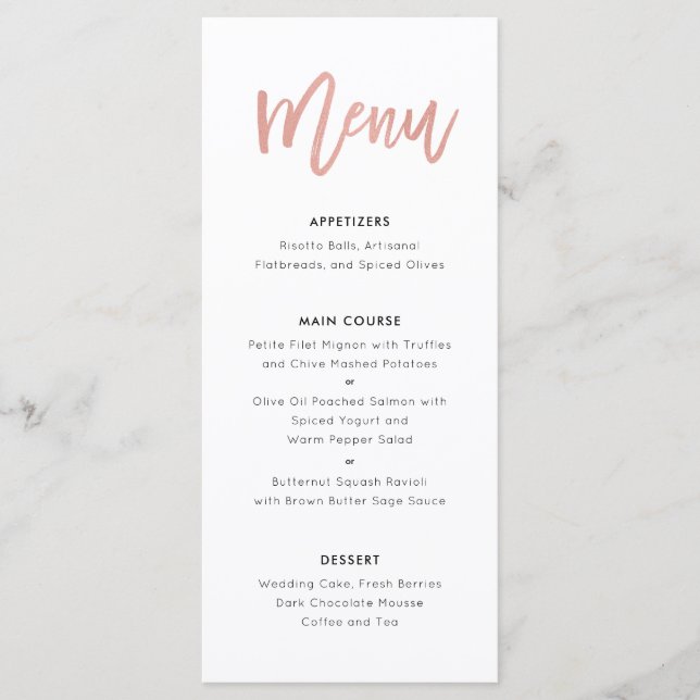 Sweet Rose Gold Modern Princess Wedding Menu (Front)