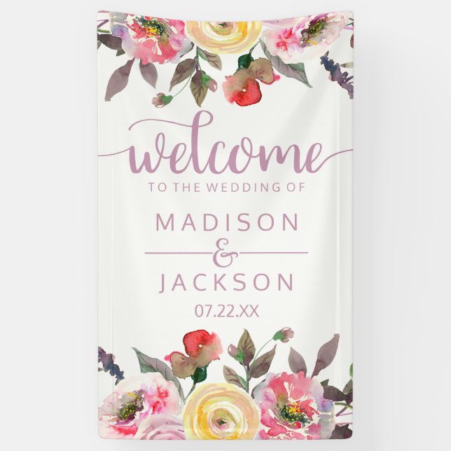 Sweet Rose Watercolor Floral Wedding Welcome Banner (Vertical)