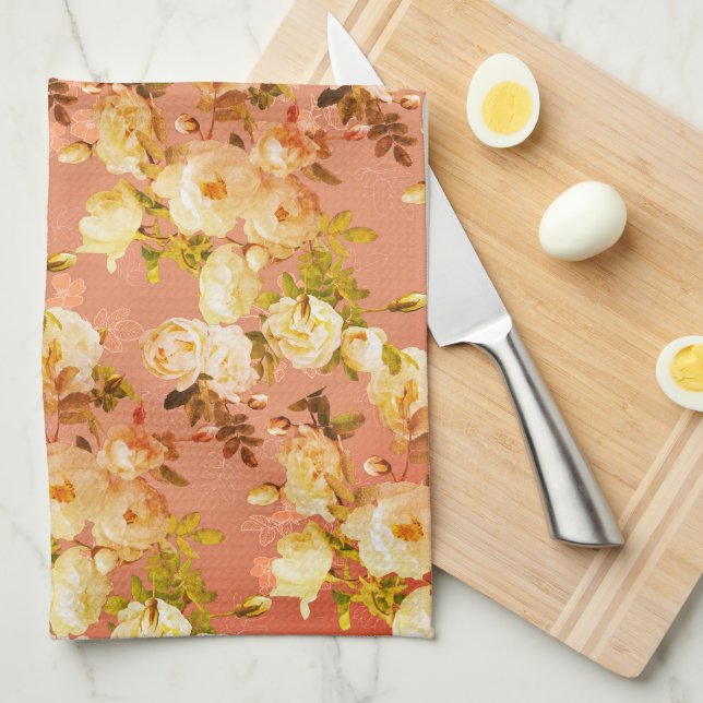 Sweet Roses on Red  Tea Towel (Quarter Fold)