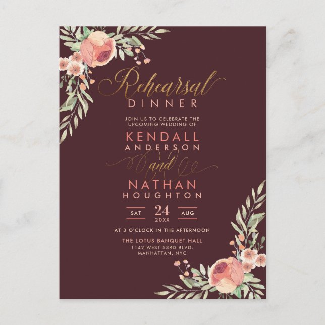Sweet Roses Watercolor Floral Rehearsal Dinner Invitation Postcard (Front)
