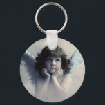 Sweet Rosy Cheeked Vintage Angel in Clouds Key Ring<br><div class="desc">Beautiful vintage design of a sweet angel with soft white wings and rosy cheeks,  holding her face in her hands. Looking peaceful and kind. The background is filled with soft ethereal clouds.</div>
