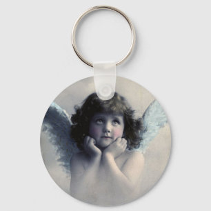 Sweet Rosy Cheeked Vintage Angel in Clouds Key Ring