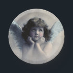Sweet Rosy Cheeked Vintage Angel in Clouds Paper Plate<br><div class="desc">Beautiful vintage design of a sweet angel with soft white wings and rosy cheeks,  holding her face in her hands. Looking peaceful and kind. The background is filled with soft ethereal clouds.</div>