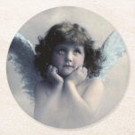 Sweet Rosy Cheeked Vintage Angel in the Clouds Round Paper Coaster<br><div class="desc">Beautiful vintage design of a sweet angel with soft white wings and rosy cheeks,  holding her face in her hands. Looking peaceful and kind. The background is filled with soft ethereal clouds.</div>