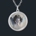 Sweet Rosy Cheeked Vintage Angel in the Clouds Silver Plated Necklace<br><div class="desc">Beautiful vintage design of a sweet angel with soft white wings and rosy cheeks,  holding her face in her hands. Looking peaceful and kind. The background is filled with soft ethereal clouds.</div>