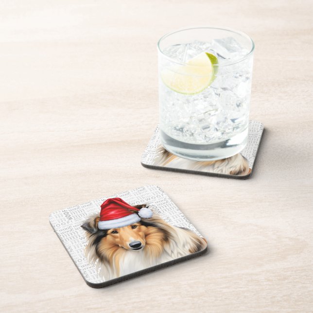 Sweet Rough Collie Dog Woof Word Art Holiday Coaster (Right Side)