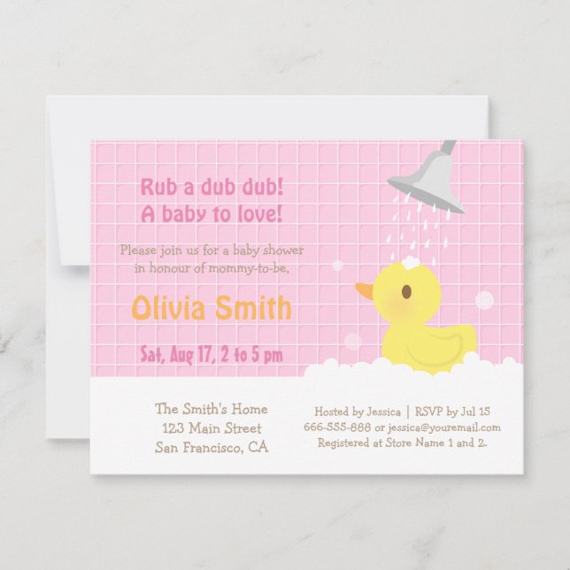 Sweet Rubber Ducky PInk Baby Shower Invitations (Front)