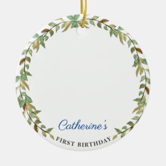 Sweet Rustic Botanical 1st Birthday Photo Ceramic Tree Decoration