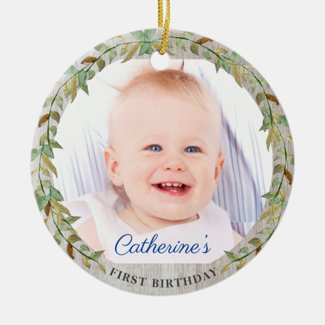 Sweet Rustic Botanical 1st Birthday Photo Ceramic Tree Decoration (Front)