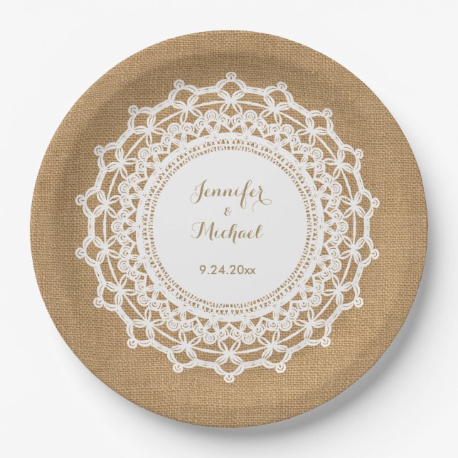 Sweet Rustic Burlap Look and White Lace Wedding Paper Plate (Front)