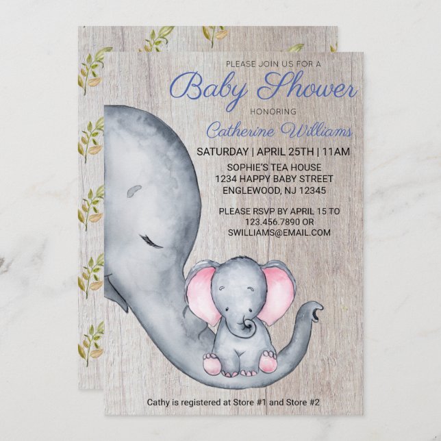 Sweet Rustic Elephant Blue Boy Baby Shower Invitation (Front/Back)