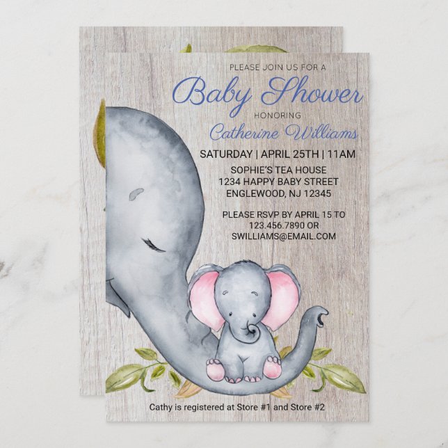 Sweet Rustic Elephant Blue Boy Baby Shower Invite (Front/Back)