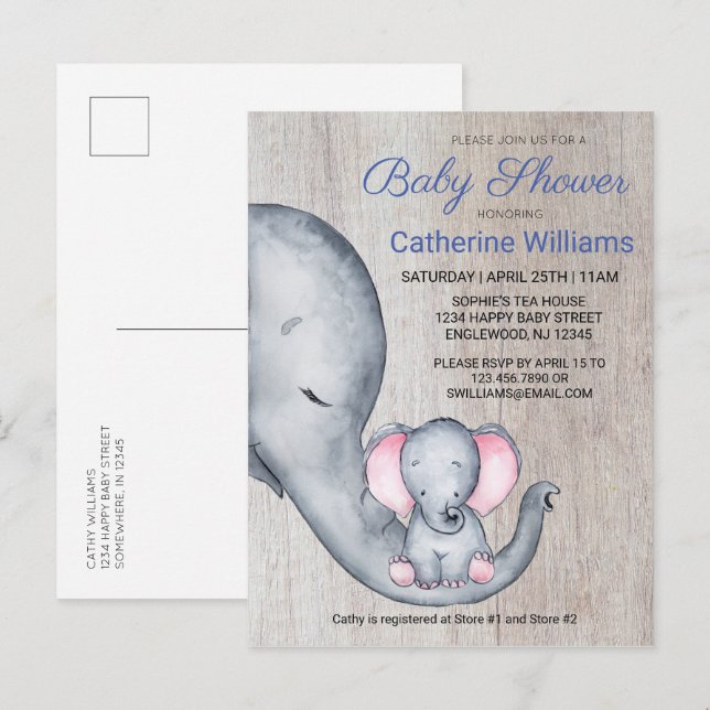 Sweet Rustic Elephant Blue Boy Baby Shower Invite (Front/Back)