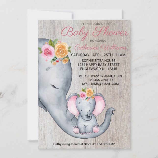 Sweet Rustic Elephant Pink Floral Girl Baby Shower Invitation (Front)